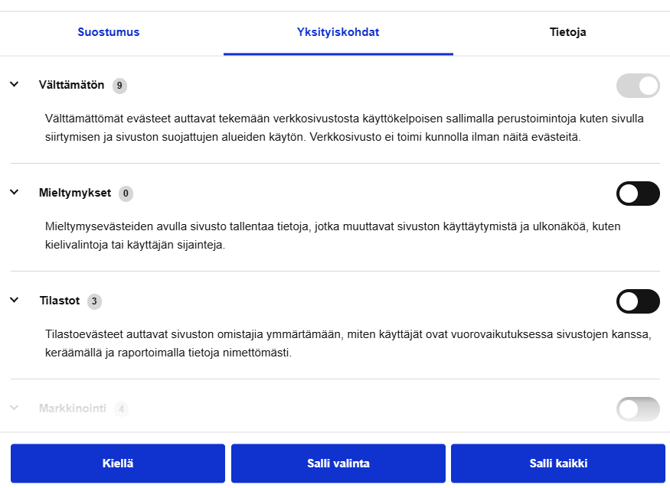 Kotisivujen evästepalkin tiedot